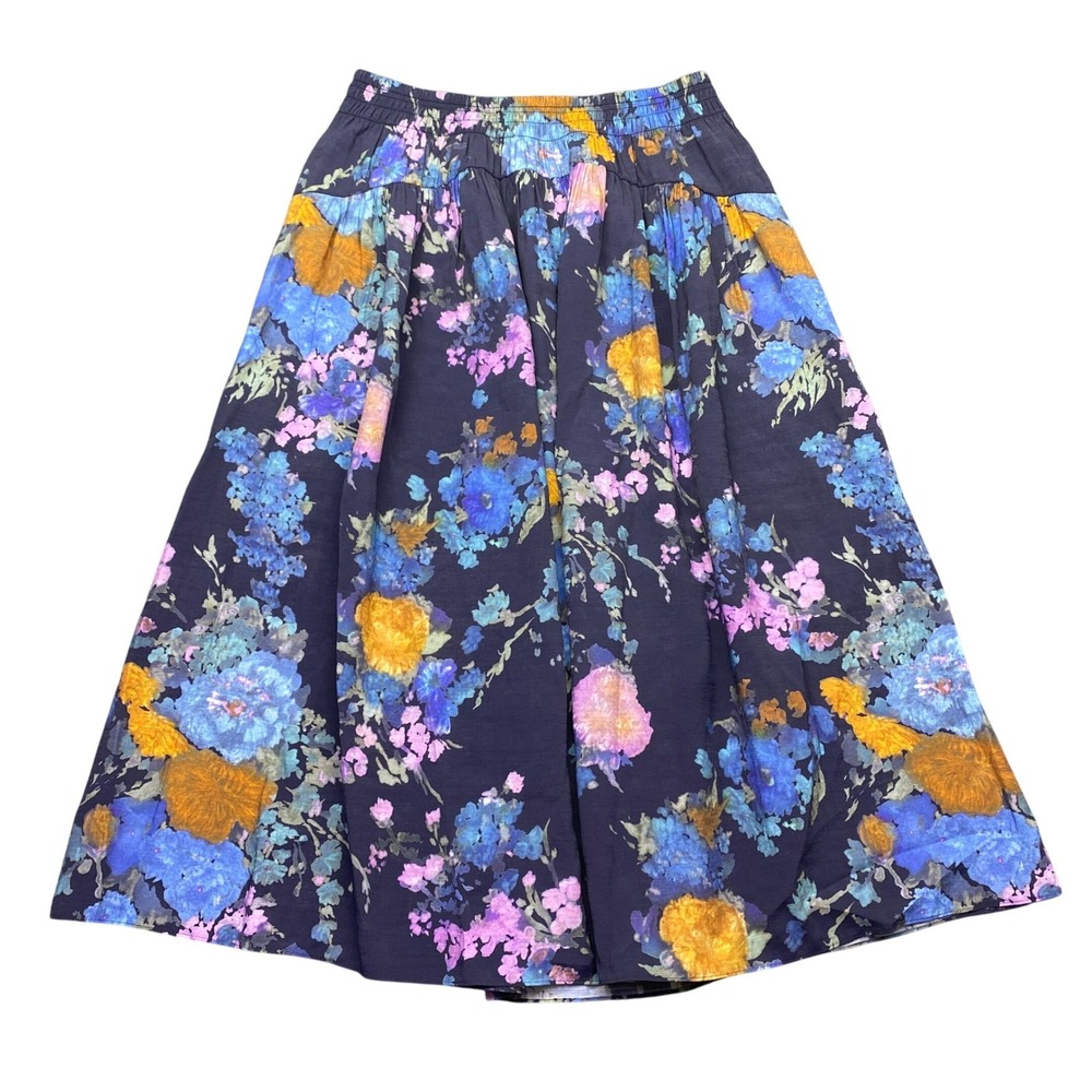 Vince Painted Bouquet Smocked-Waist Midi Skirt Womens Large Floral Rayon Blend